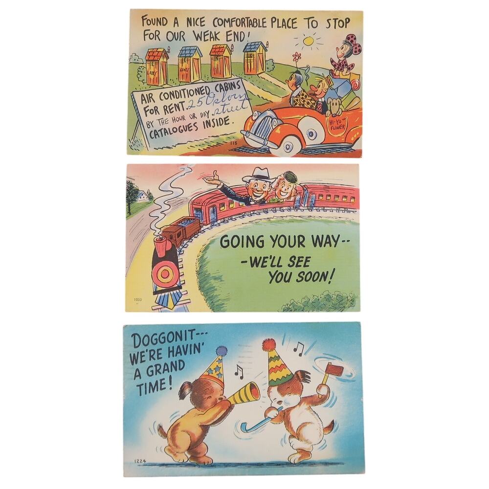ColourPicture Post Card Set of 3 Cartoon Travel Vintage 3.5 x 5.5 in Posted